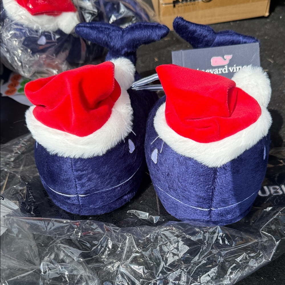 Vineyard Vines Kids Navy Whale Slippers with Red Santa Hats